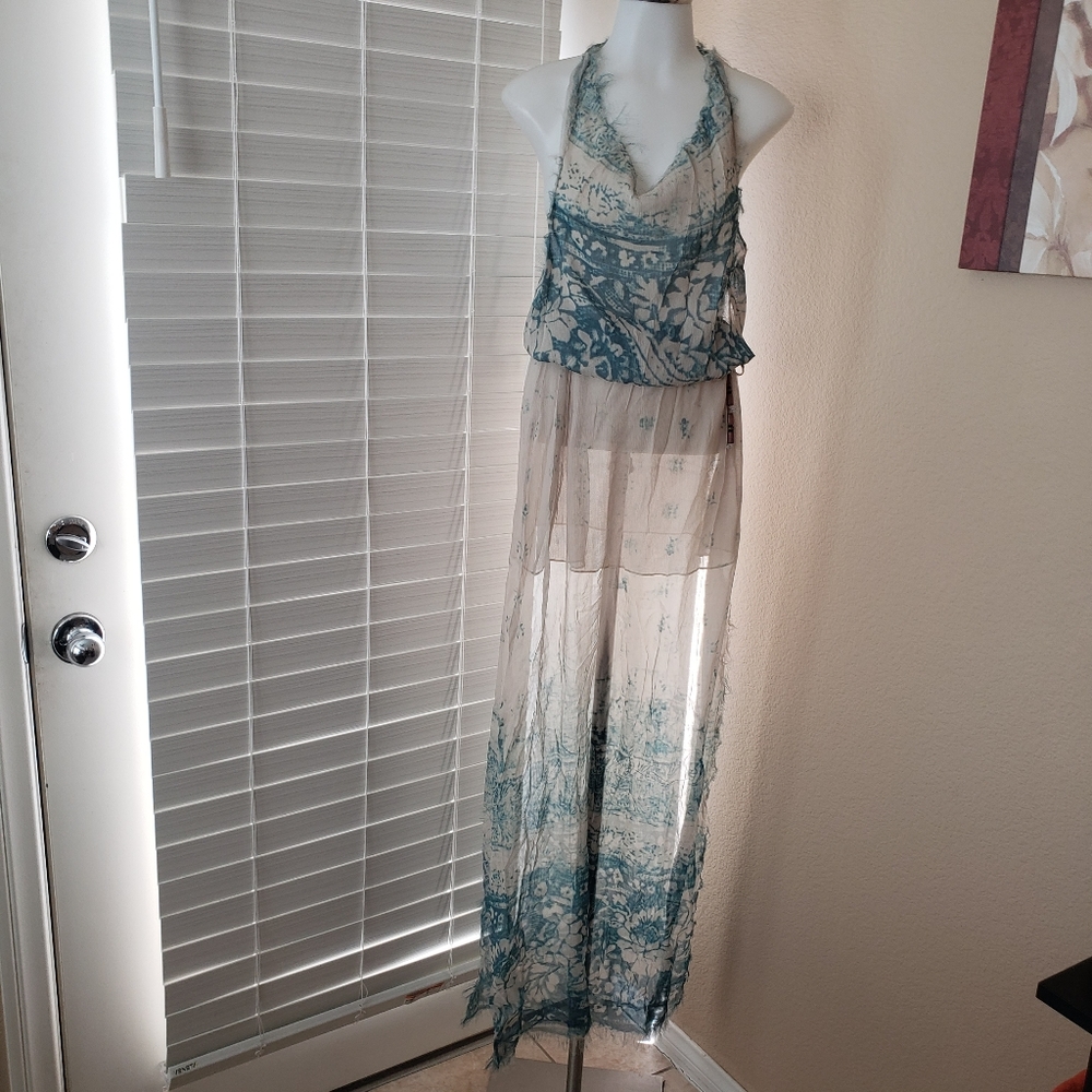 Chaser sheer silk chiffon halter drape back maxi dress swim beach coverup medium
